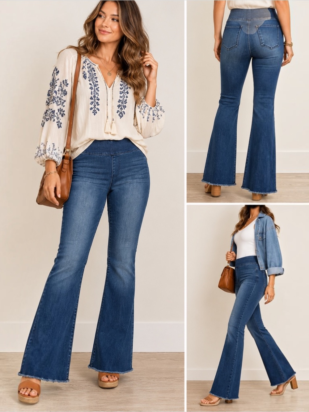 Knox Rose Women’s L Pull On Flare Jeans Blue Stretch Denim Raw Hem Boho
